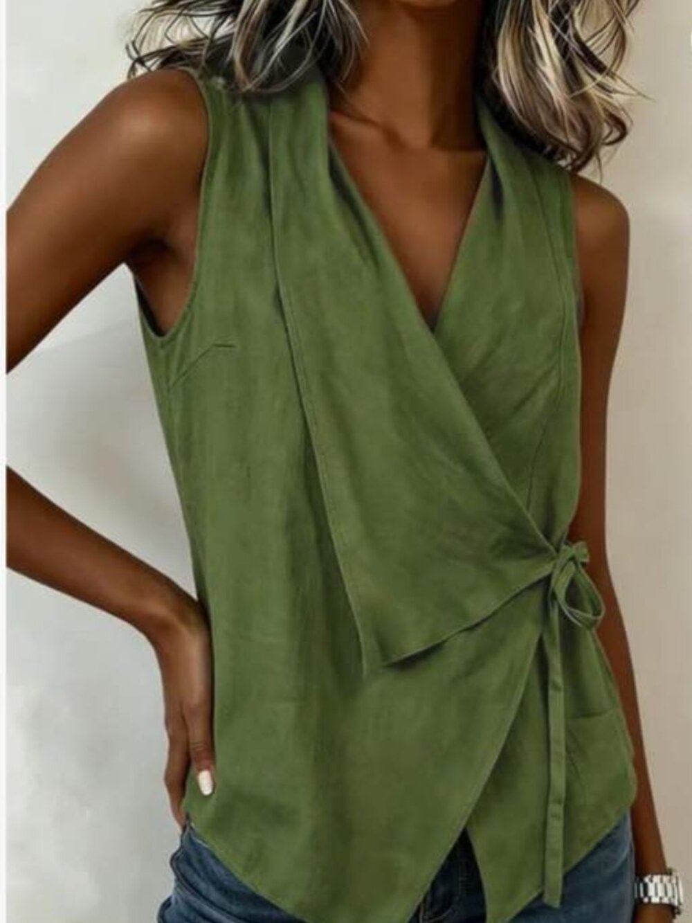 Aumora Green Linen Blend Sleeveless Wrap Top